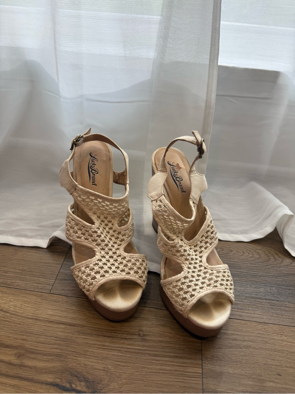 Lucky Brand Cream Crochet Wedge Sandals